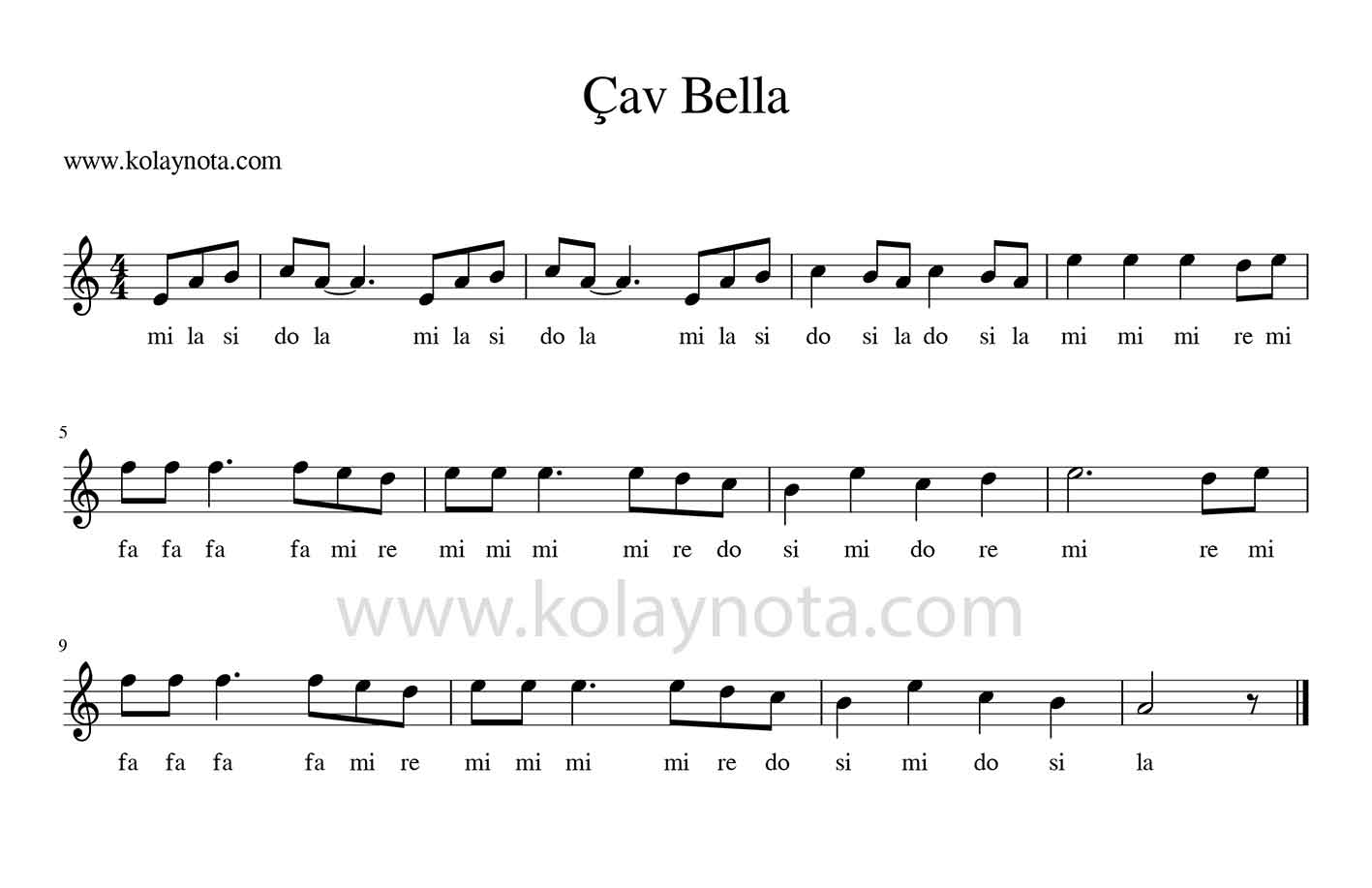 Çav Bella Do Re Mi Notaları | Kolaynota.com | Nota arşivi