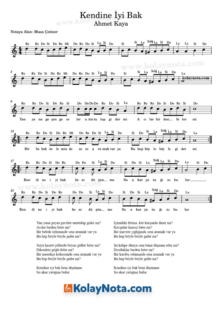 Ahmet Kaya, Kendine İyi Bak şarkısının kolay notasyonu