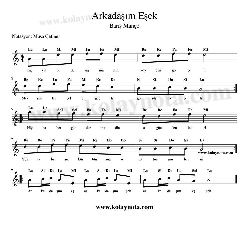 Arkadaşım Eşek Kolay Notası