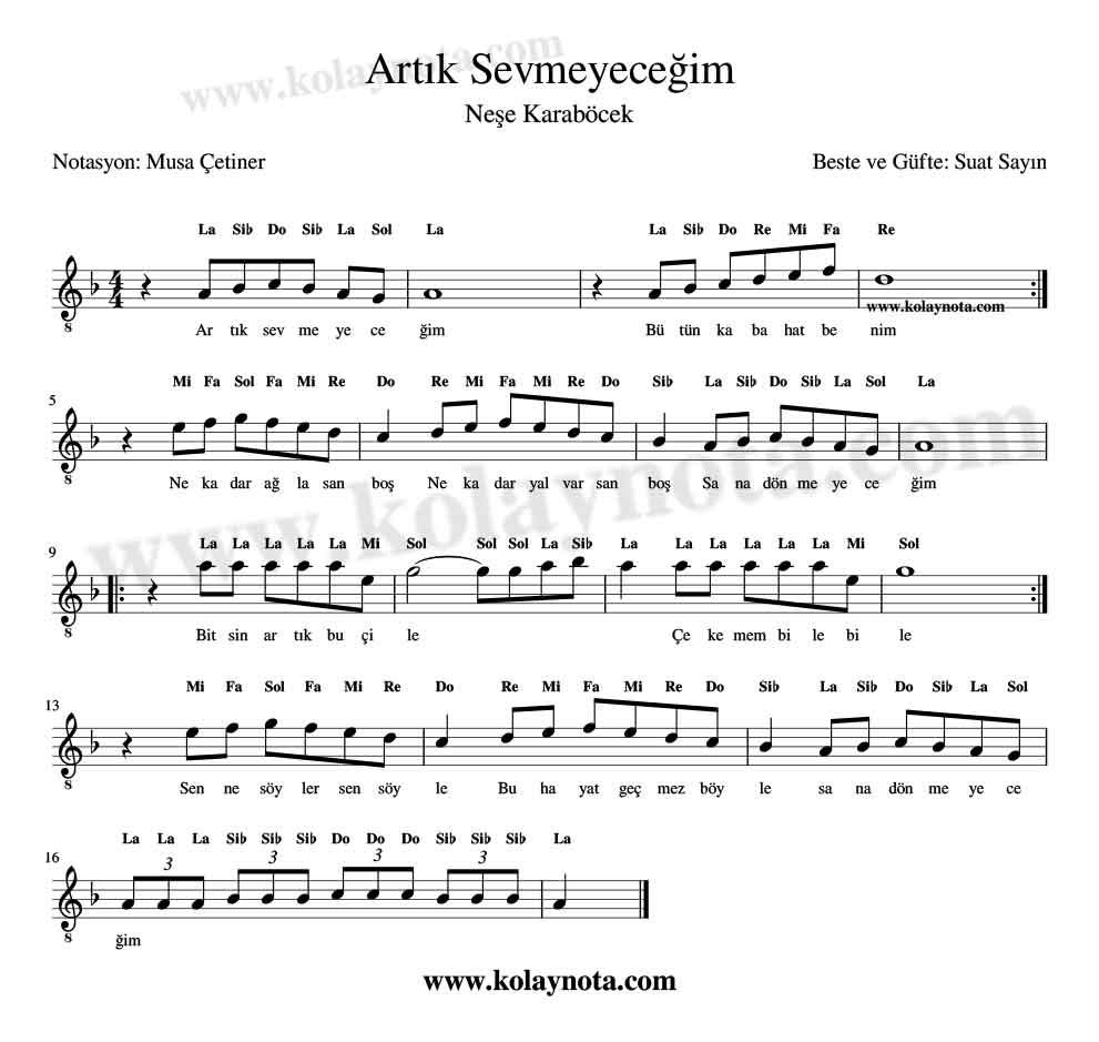 Artık Sevmeyeceğim Kolay Notası