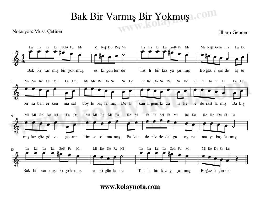 Bak Bir Varmış Bir Yokmuş Kolay Notası