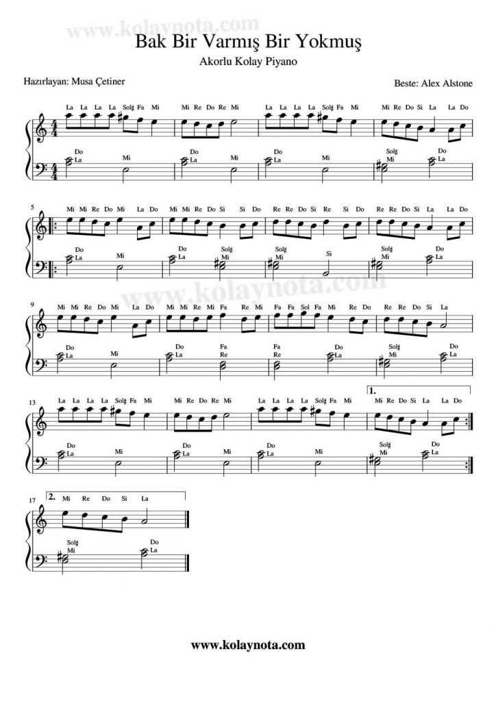 Bak Bir Varmış Bir Yokmuş - Piyano Notası