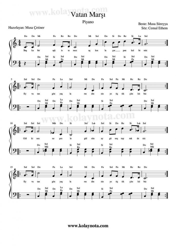 Vatan Marşı - Piyano Notası