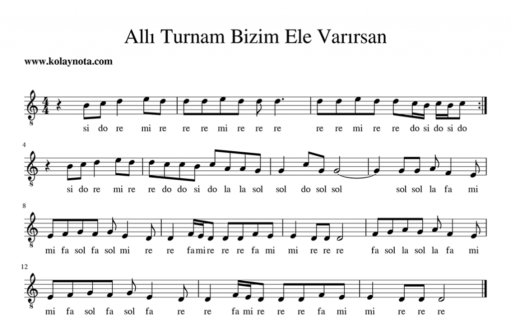 Allı Turnam Bizim Ele Varırsan - Kolay Nota