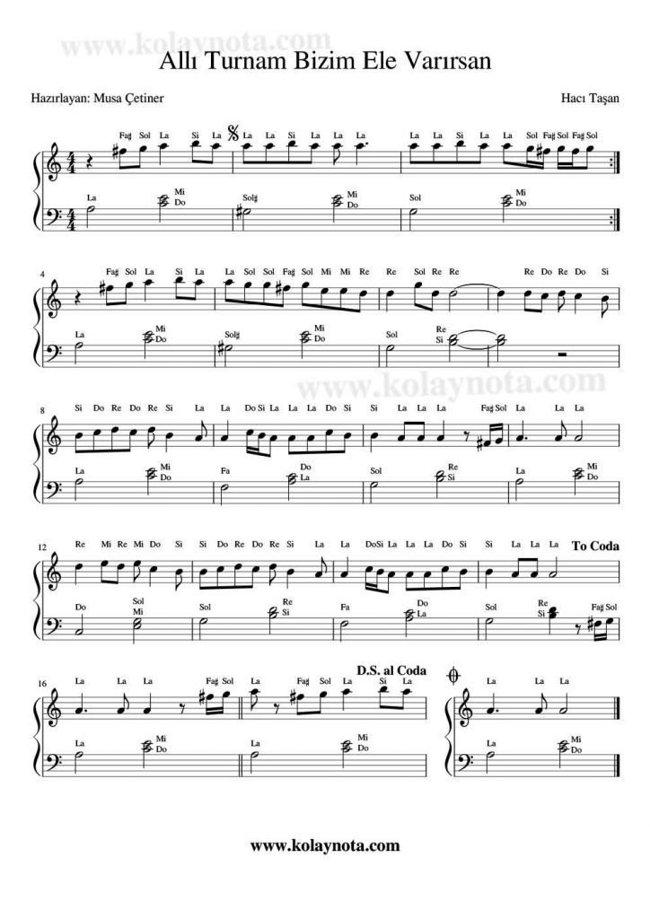 Allı Turnam Bizim Ele Varırsan - Piyano Notası