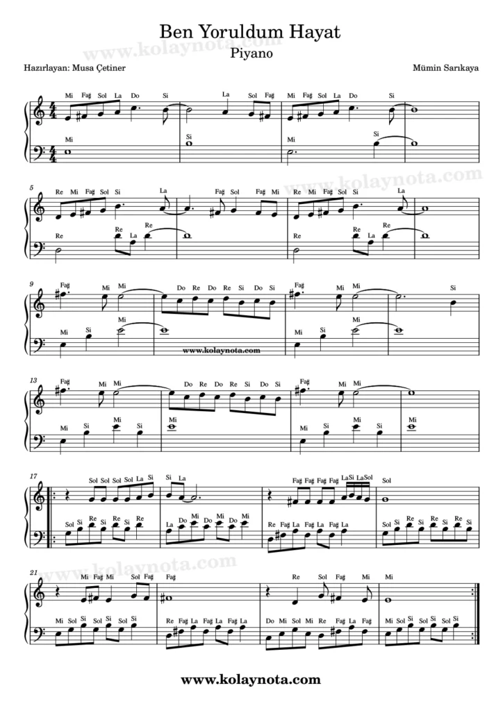 Ben Yoruldum Hayat şarkısının piyano düzenlemesi