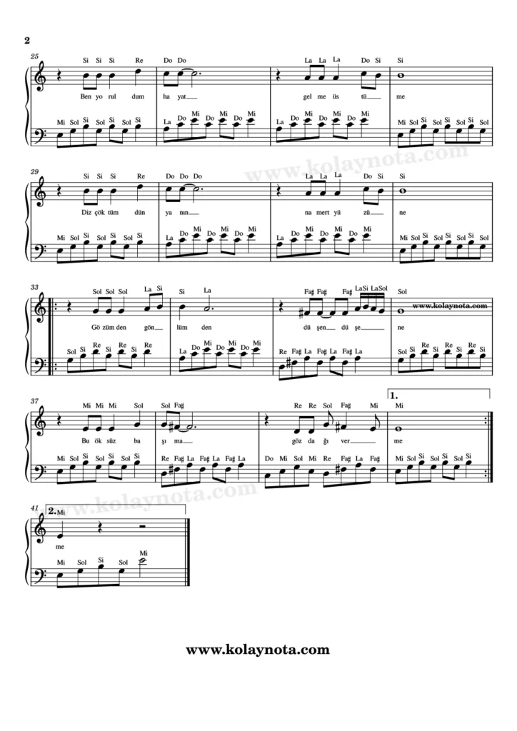 Ben Yoruldum Hayat - Piyano Notası - 2