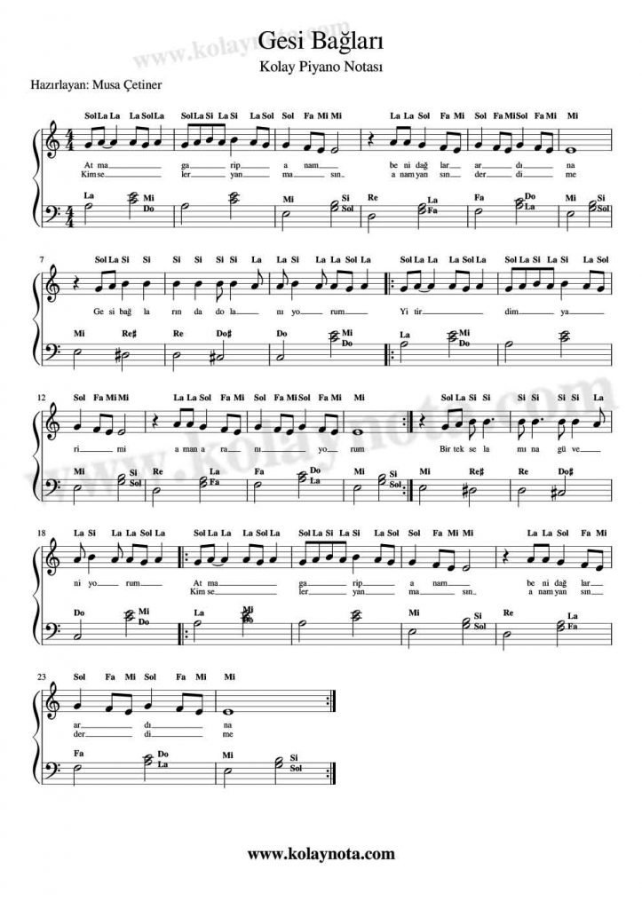 Gesi Bağları Kolay Piyano Notası