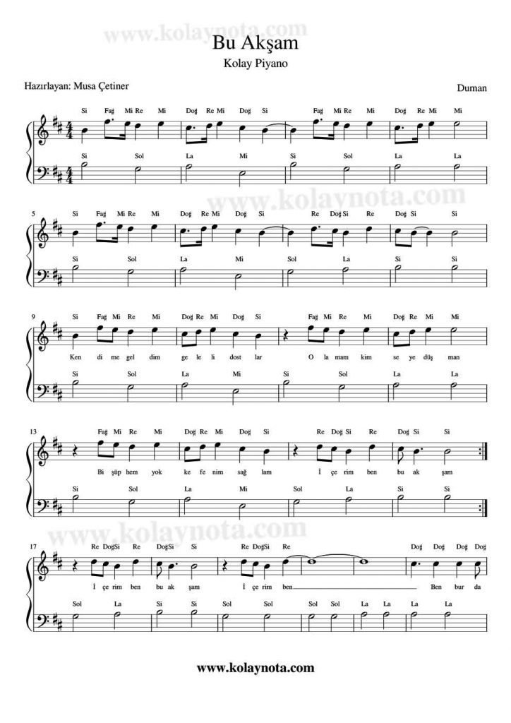 Bu Akşam - Kolay Piyano Notası
