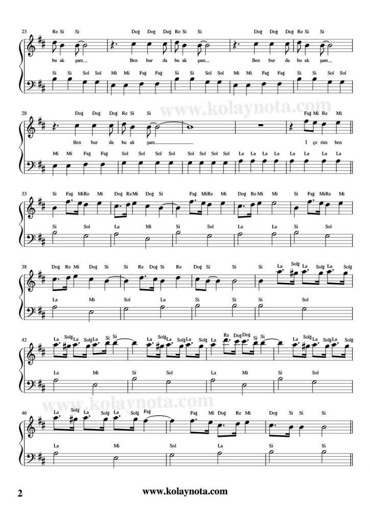 Bu Akşam - Kolay Piyano Notası - 2
