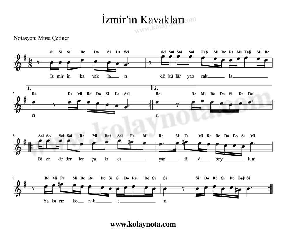 İzmir'in Kavakları Kolay Notası