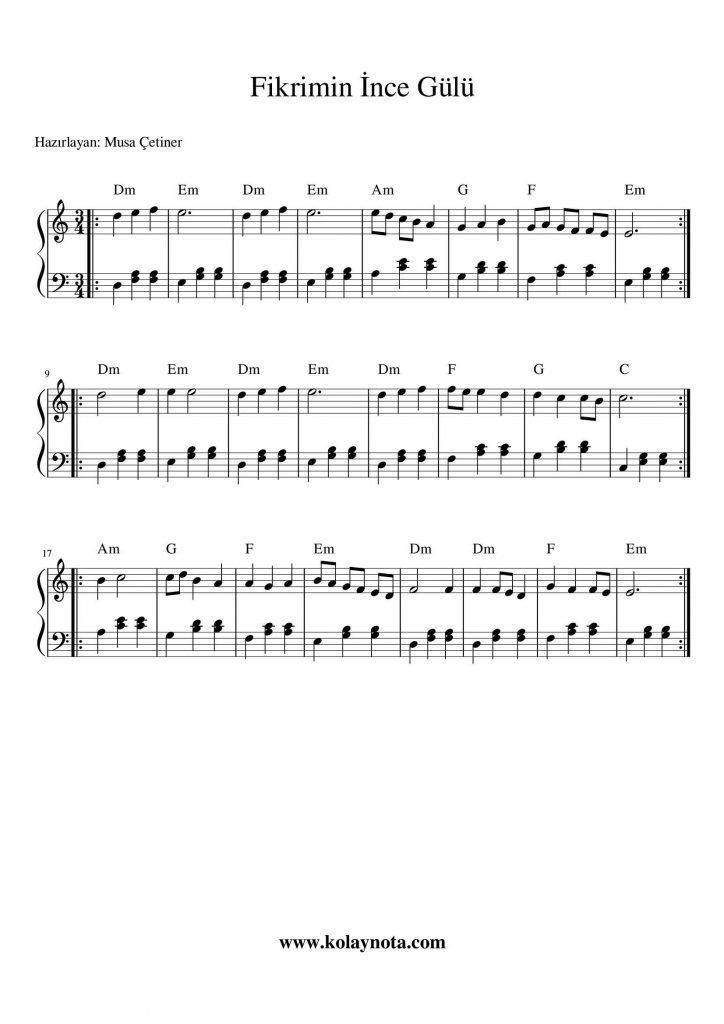 Fikrimin İnce Gülü Piyano Notası