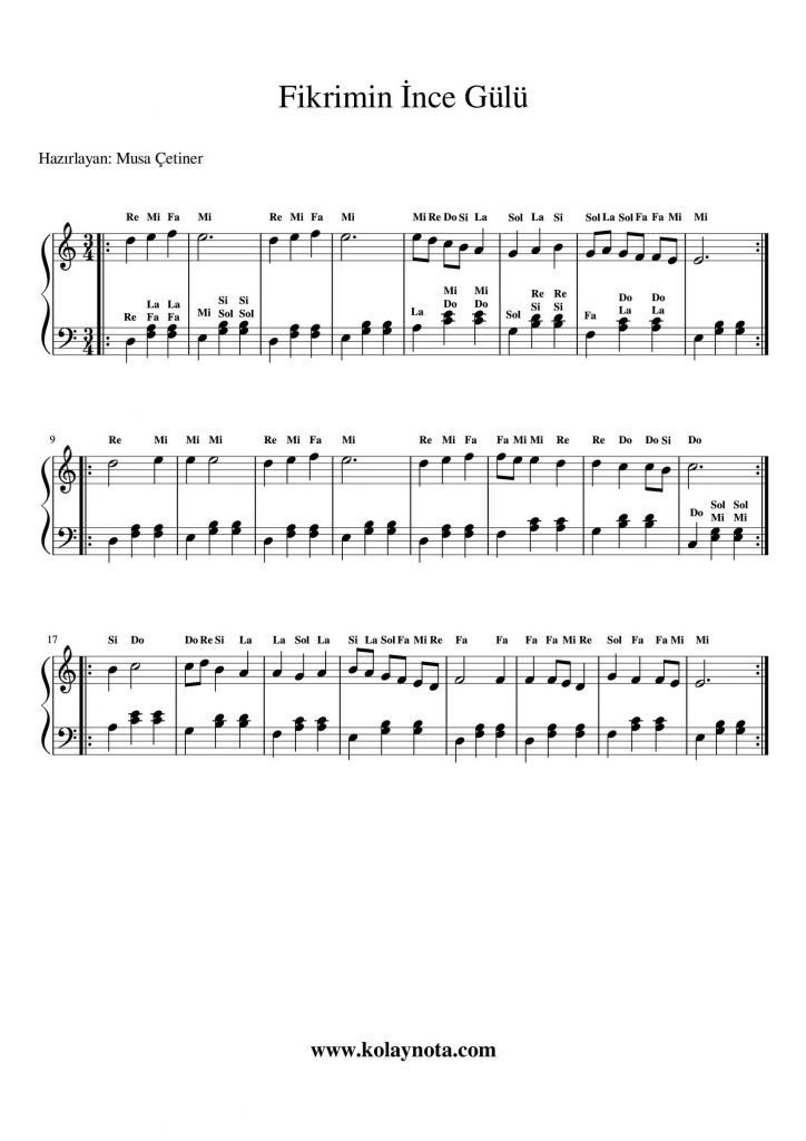 Fikrimin İnce Gülü Piyano Notası - Kolay