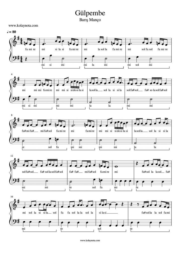 Gülpembe Kolay Piyano Notası
