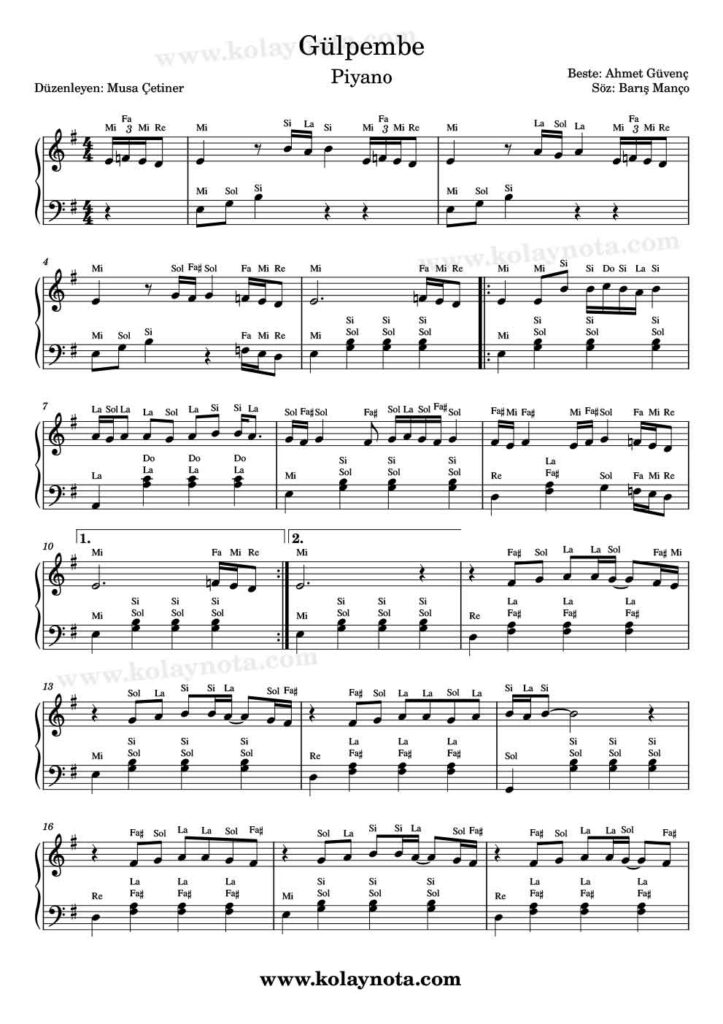 Gülpembe Piyano Notası