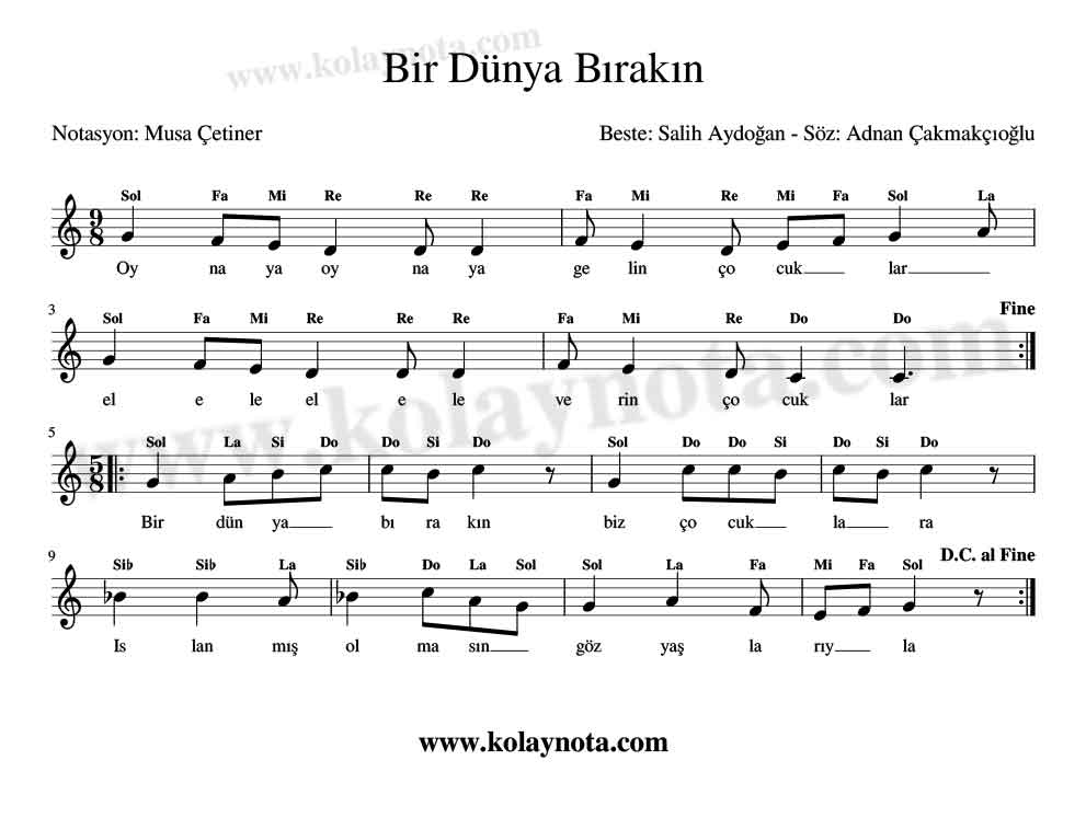 Bir Dünya Bırakın Kolay Notası