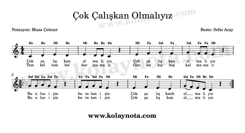 Çok Çalışkan Olmalıyız Kolay Notası