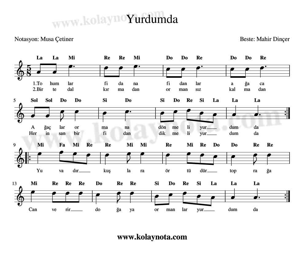 Yurdumda Kolay Notası