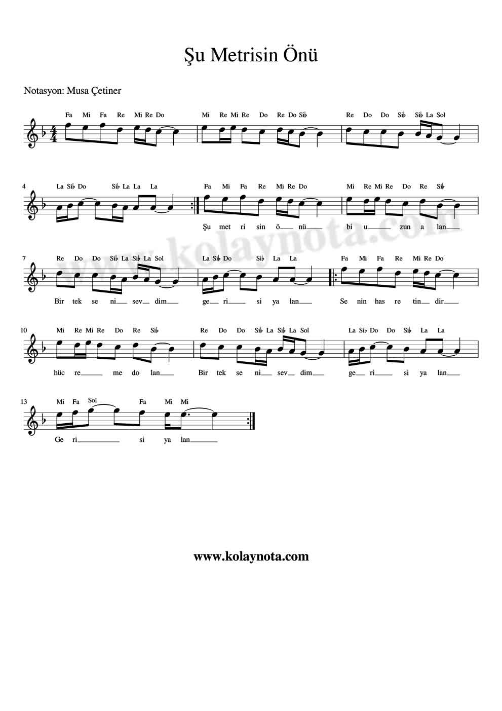 Şu Metrisin Önü Kolay Notası