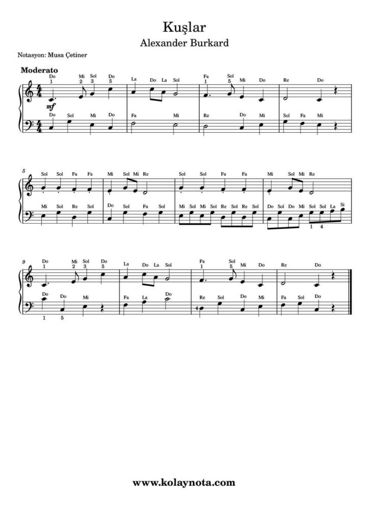 Kuşlar Piyano Kolay Notası