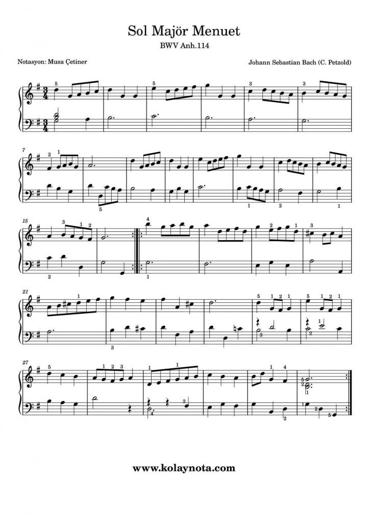 Sol Majör Menuet Piyano Notası