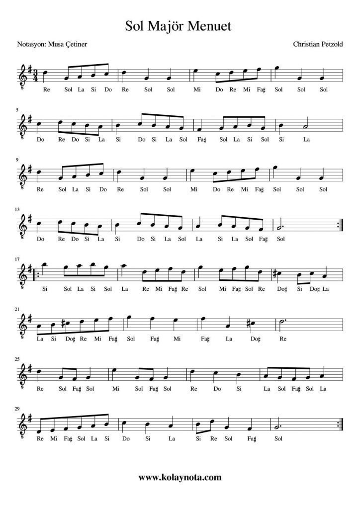 Sol Majör Menuet Kolay Notası