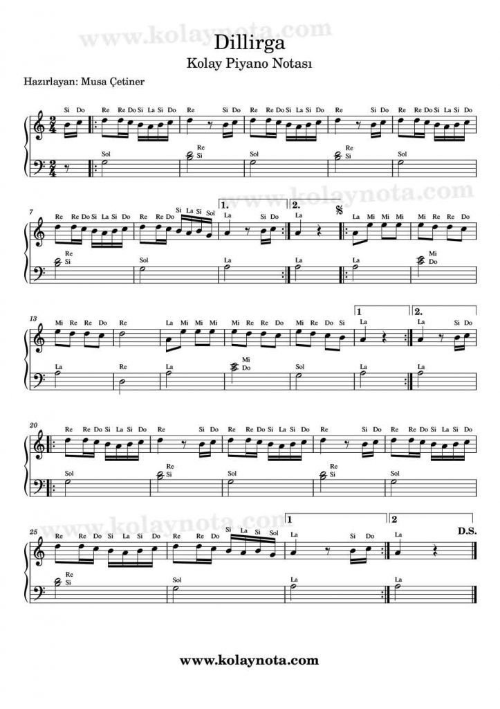 Dillirga - Kolay Piyano Notası