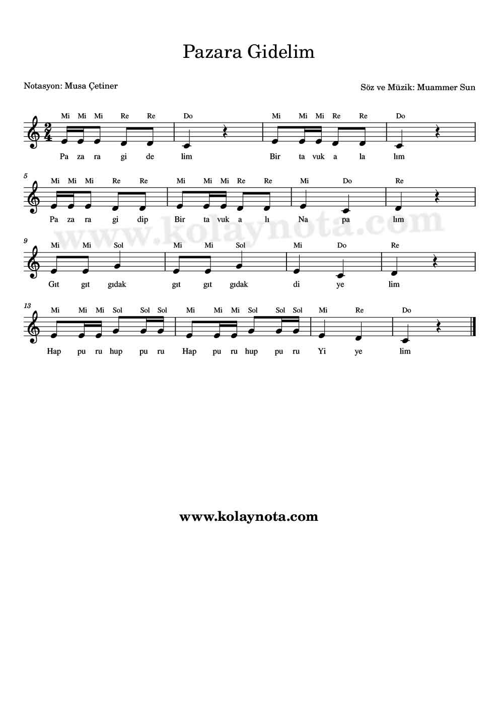 Pazara Gidelim Kolay Notası