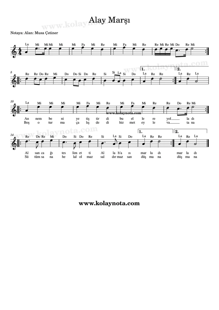 Alay Marşı, Annem Beni Yetiştirdi, kolay notasyonu