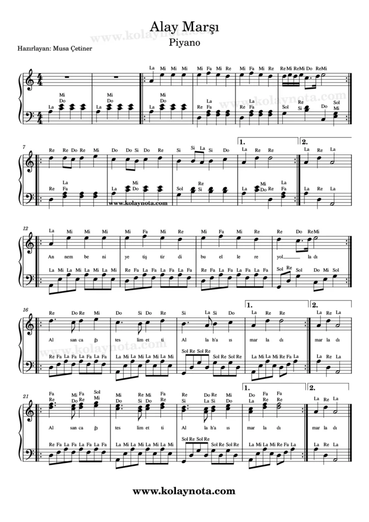 Alay Marşı, Annem Beni Yetiştirdi, piyano notası