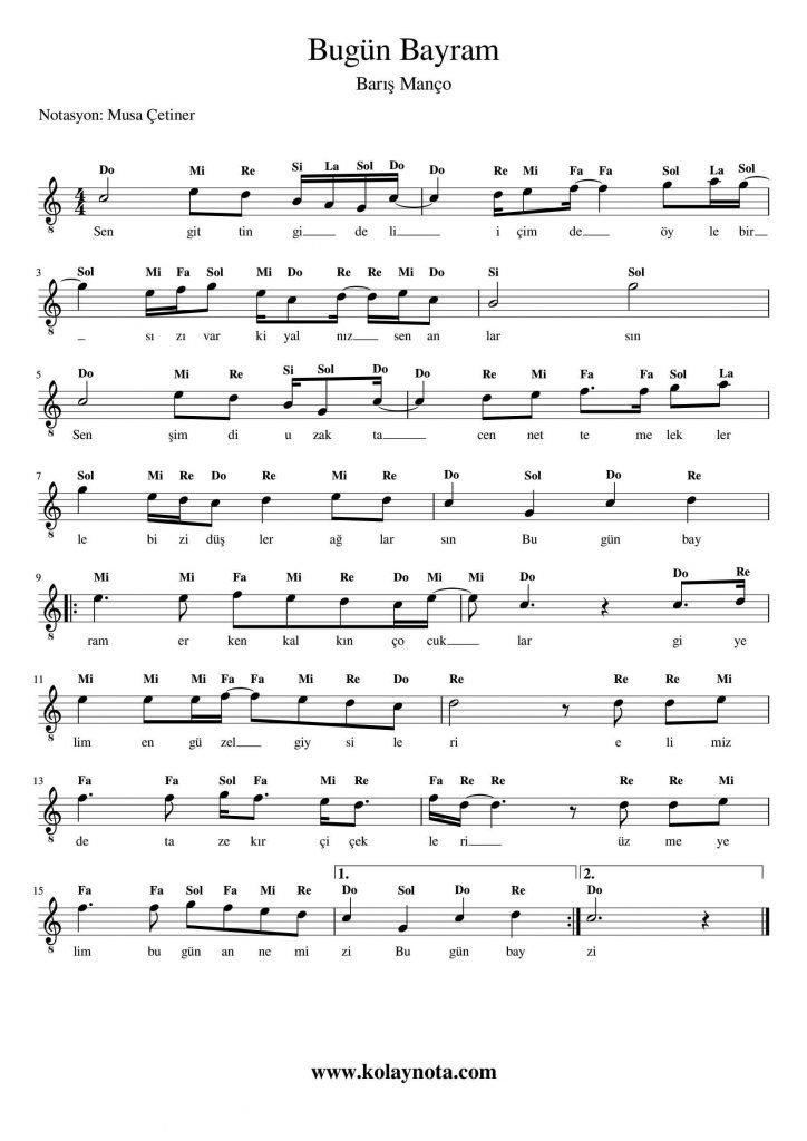 Bugün Bayram - Kolay Notası