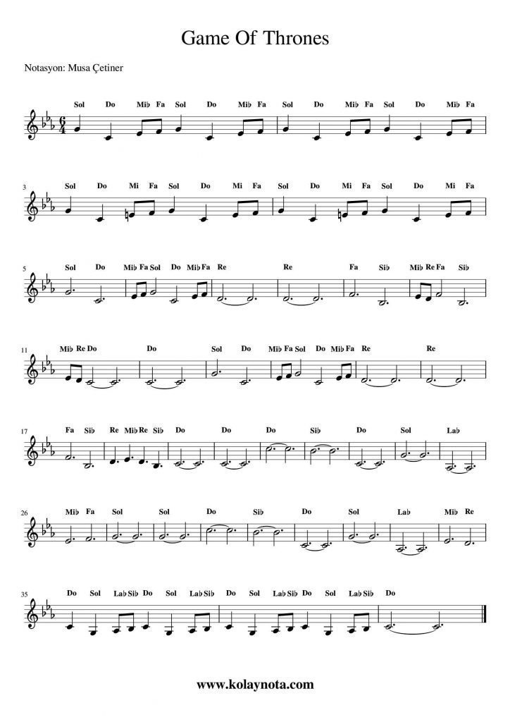 Game Of Thrones - Kolay Notası