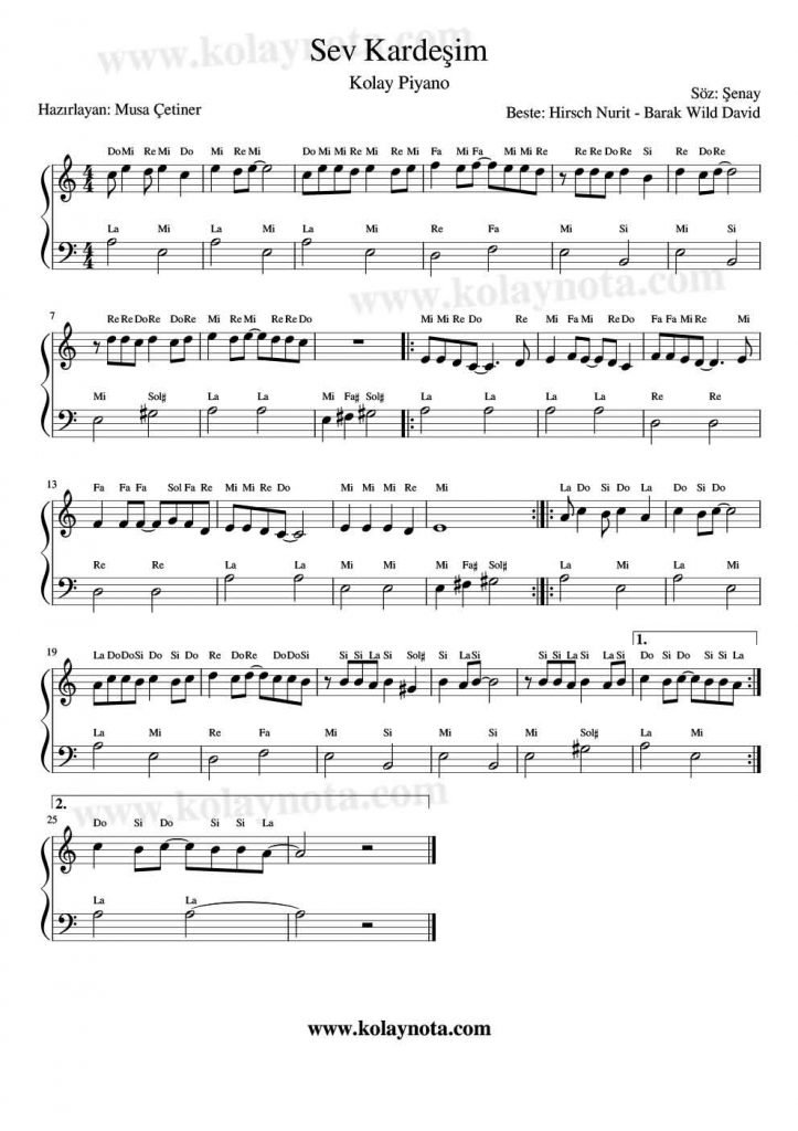 Sev Kardeşim - Kolay Piyano Notası
