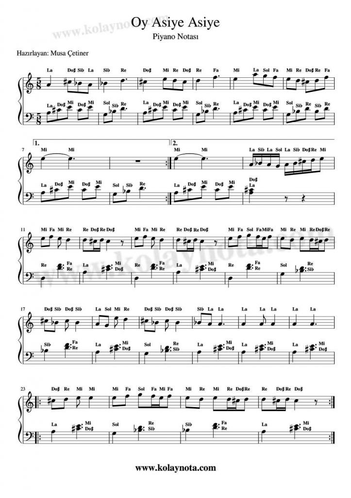 Oy Asiye Asiye Piyano Notaları