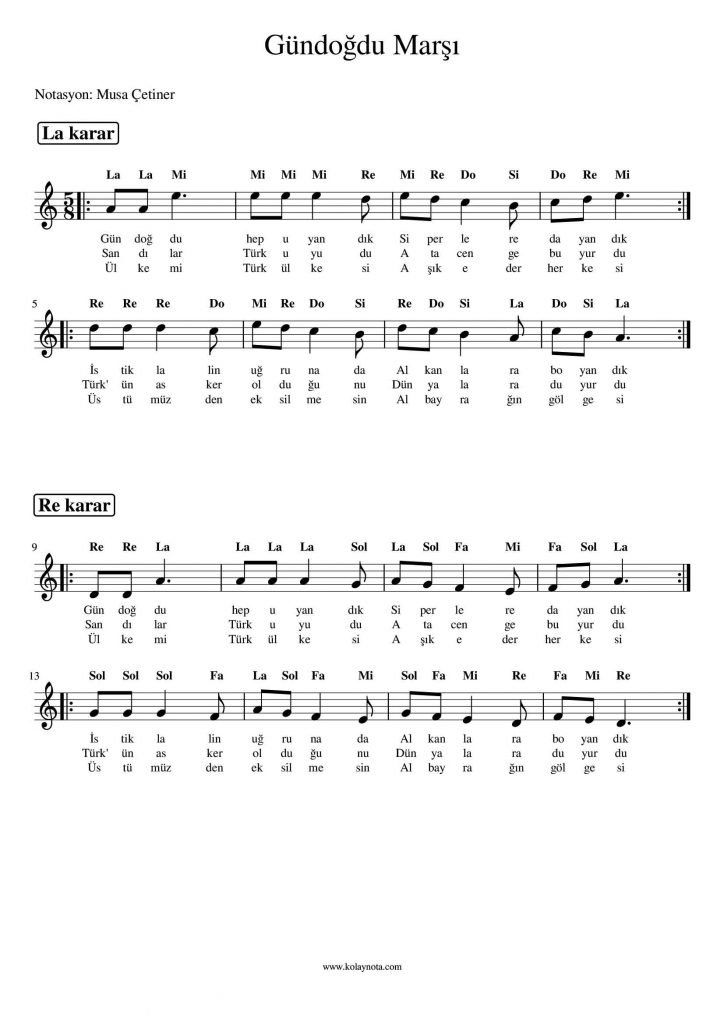 Gündoğdu Marşı - Kolay Notası