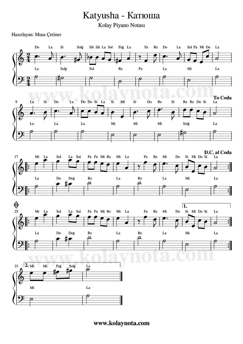 Katyusha Kolay Piyano Notası