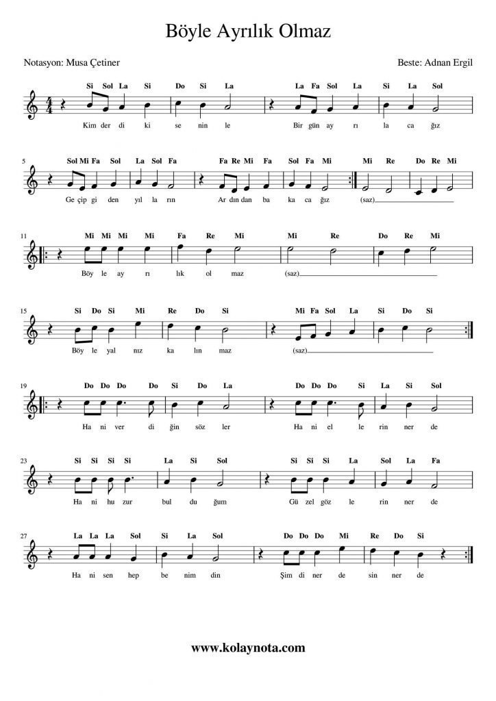 Böyle Ayrılık Olmaz - Kolay Notası
