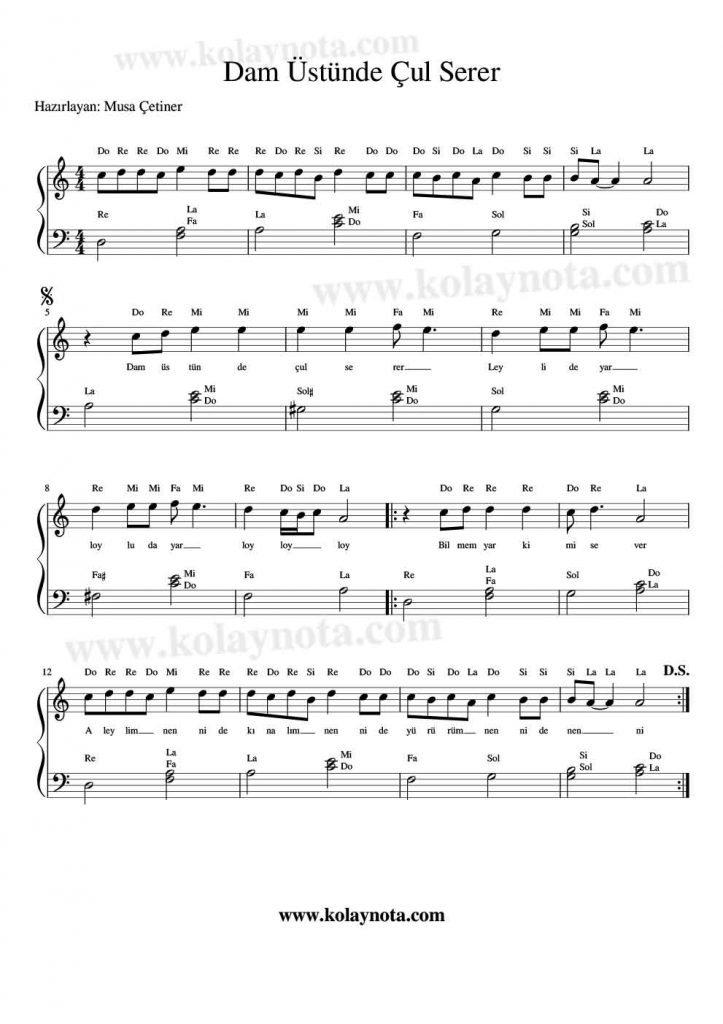 Dam Üstünde Çul Serer - Piyano Notası