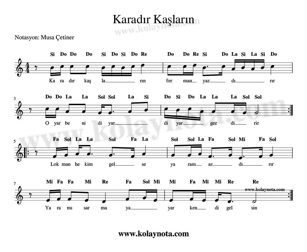 Karadır Kaşların - Kolay Notası - Re Karar