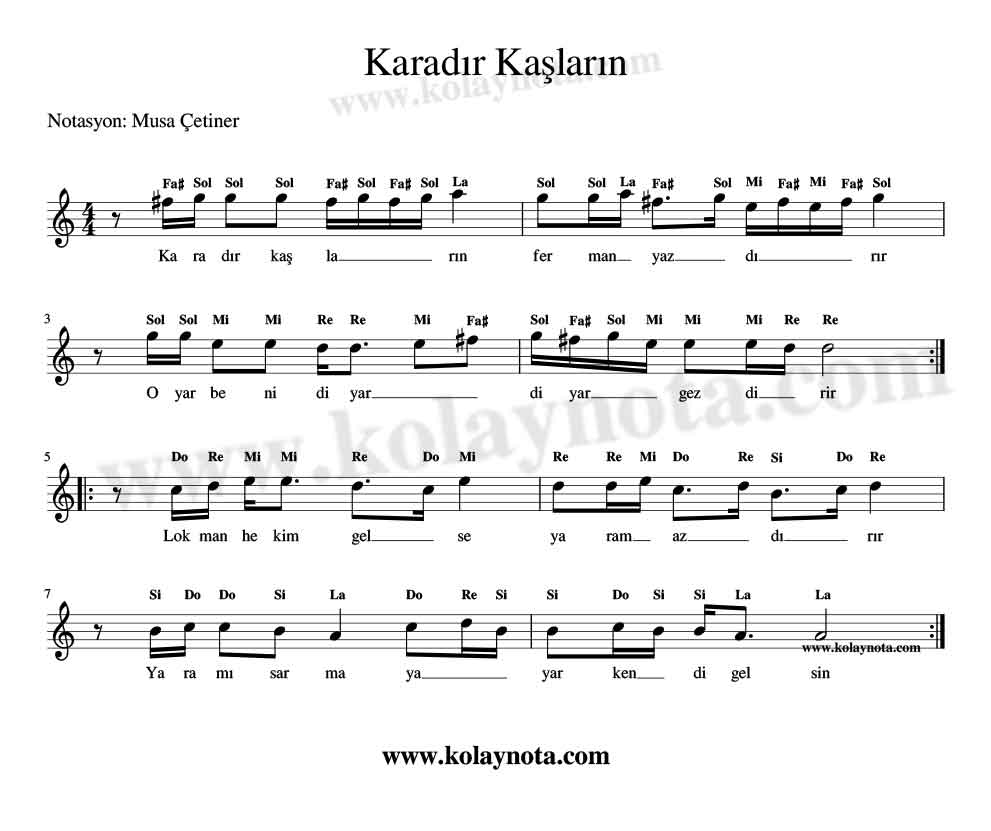 Karadır Kaşların - Kolay Notası - La Karar