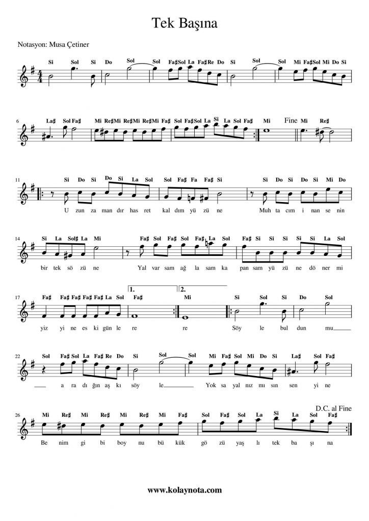 Tek Başına - Kolay Notası