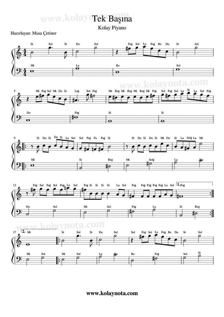 Tek Başına - Piyano Notası