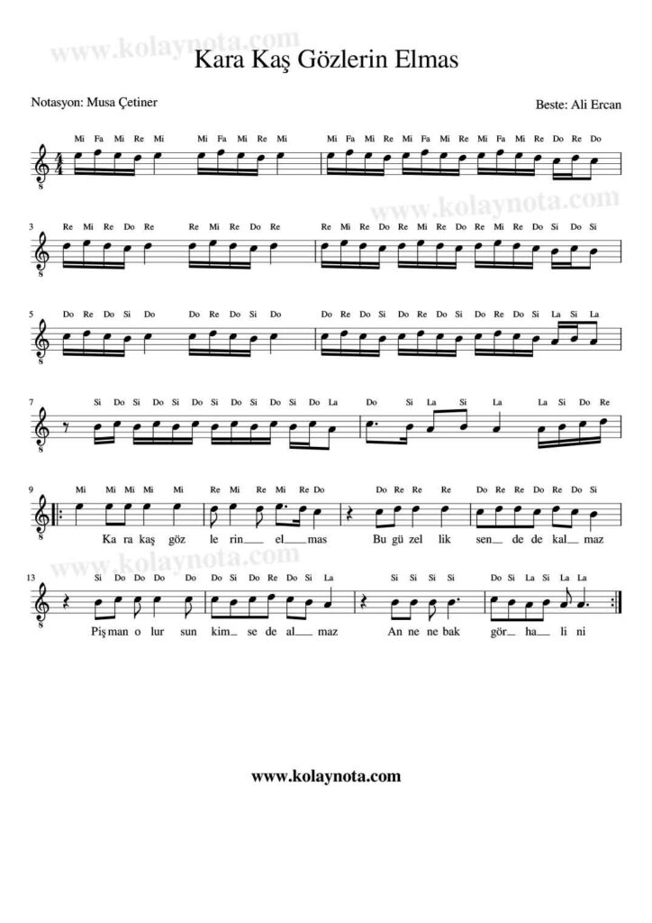 Kara Kaş Gözlerin Elmas - Nota