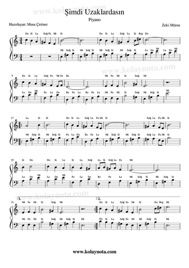 Şimdi Uzaklardasın - Piyano Notası