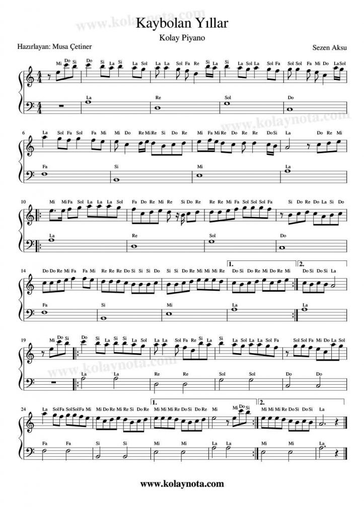 Kaybolan Yıllar - Piyano Notası