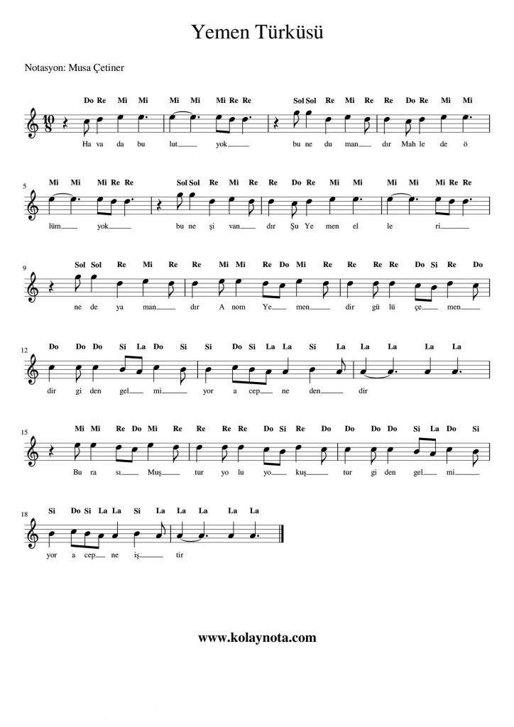 Yemen Türküsü - Kolay Notası - Bağlama