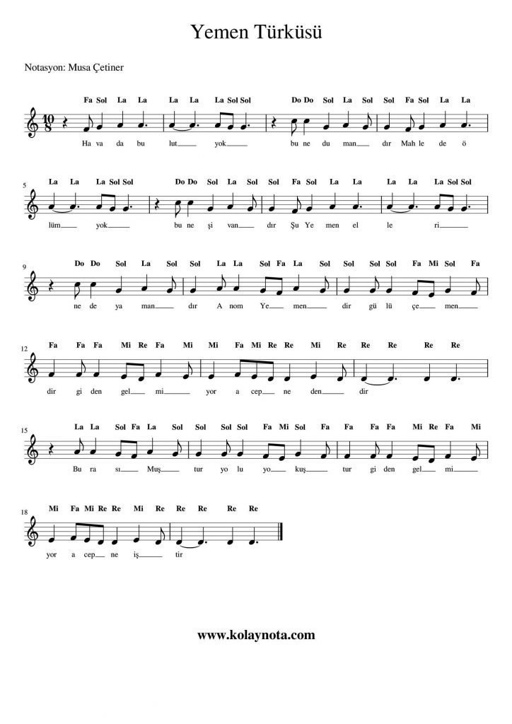 Yemen Türküsü - Kolay Notası