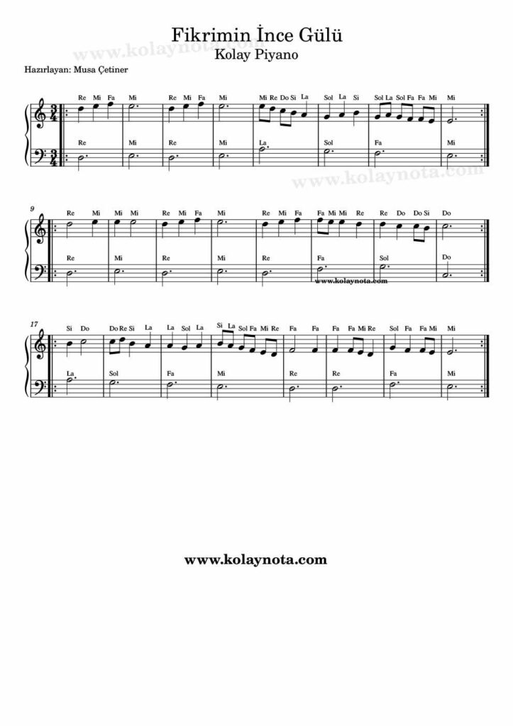 Fikrimin İnce Gülü - Kolay Piyano