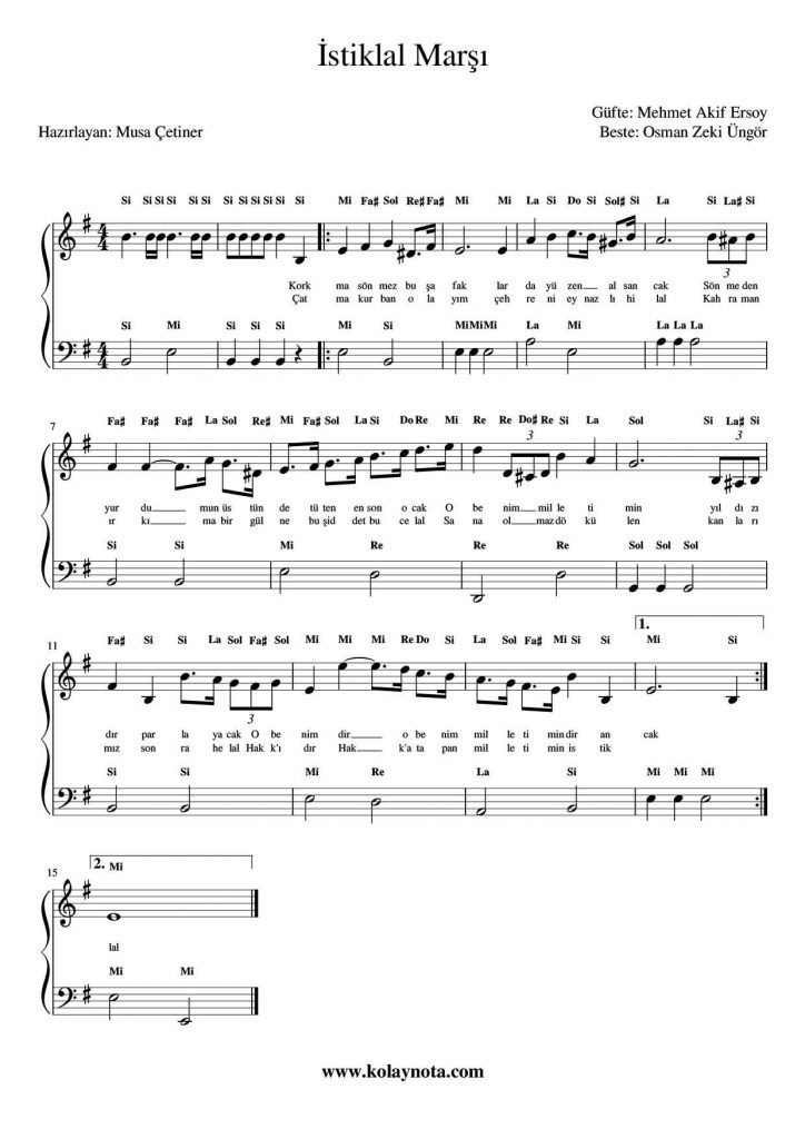 İstiklal Marşı - Kolay Piyano Notası