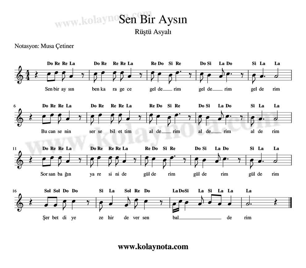 Sen Bir Aysın Kolay Notası